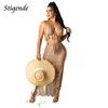 Stigende Women Swimsuit Cover Up Skirt Crochet Knitted Summer Two Piece Set High Split Hollow Out Beach Wear Fringe Tassel Bra Y0820