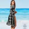 Indie Folk Brodé Bikini Cover-ups Sexy Avant Ouvert Manches Trois-Quarts Long Kimono Cardigan Plus La Taille Femmes Beachwear Q879 210420