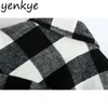 Vintage Black White Plaid Woolen Coat Kvinnor Långärmad Lapel Collar Fickor Höstjacka Overhirts Plus Size Ytterkläder 210514