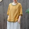 夏の芸術スタイルの女性半袖ルースティーシャツフェムメトップスコットンリネンヴィンテージ刺繍TシャツプラスサイズM40 210512