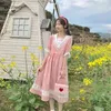 Japoński Preppy Style Lato Kobiety Midi Sukienka Sailor Collar Różowy Słodki Z Koronką Krótki Rękaw Elegancka Lolita Party ES 210520