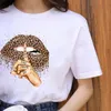 Propcm Mulheres Tee Tops de Manga Curta Pingo Levoamento Lábios Imprimir Grupo Pescoço Tshirt Gráfico Roupas Verão Feminino Casual Streetwear T-shirt
