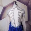 2022 Royal Blue Long Sleeve Formal Evening Dresses High Neck Beading Crystal Long Train Prom Party Sweet 16 Dress Open Back