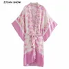 Automne Boho Emplacement Floral Print Long Kimono Chemise Green Hippie Femmes Cravate Arc Sashes Cardigan Blouse lâche Tops Holiday 210429