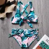 7-14 Anos Menina Swimsuit Kids Tropical Tropical Duas peças Infantil Swimwear Cross Back Bikini Set Bow Gravata S Banhing Suit 2021