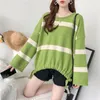 H.SA Femmes Pull Pulls Flare Manches Vert Tricot Pull Pulls Rayé Coloré Tricots Pull Automne Coréen sueter feminino 210417