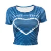 T-shirt da donna Cuore Stampa Bambina Tees Summer Streetwear Streetwear Tie Dye Manica Corta T Shirt T-shirt Casual Donne O-Neck Blue Crop Tops