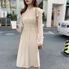 Spring Korean Women French Slim Long Sleeve Elastic Waist Simple Solid A- Line Dress Elegant Female Vestidos 210416