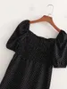 Vintage Black Polka Dot Midi Dress Sexig Square Collar Wrap Puff Sleeve Front Split Robe 210421