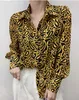 PERHAPS U Women Chiffon Gold Geometric Print Shirt Vintage Loose Long Seleeve Turn-Down Collar Blouse Shirt Top B3057 210529