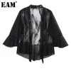 [Eam] 루스 핏 화이트 레이스 러프 짧은 자켓 V-Colla 3-쿼터 슬리브 여성 코트 패션 봄 여름 1DD8689 21512