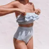 Femmes Bikini taille haute sans bretelles Sexy maillots de bain rayure maillot de bain rembourré bain 2 pièces costume couleur unie femmes