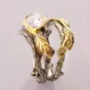 Wedding Rings Vintage Gold Metal Leaves Ancient Two-tone Withered Branch Vines Resin Stone Finger Ring Tribal Jewelry