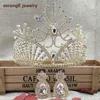 Haarclips Barrettes Zeronge Jewelry 4.1 "Grote luxe gouden strass Carnival Crown Tiara Hoofdbandkam met Earring Matching
