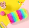 Rainbow Colors Purse Fashion Plush Pen Bag Student Stationery Pencil Pouch Box Girls Coin Purse Pendant Cute Pompom Ball Zipper