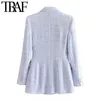 TRAF femmes mode Double boutonnage Tweed vérifier Blazer manteau Vintage à manches longues poches vêtements de dessus pour femmes Chic Veste 211122