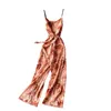 Summer Retro Fashion Suspender Jumpsuit Female Print V-neck Open Back Sleeveless Waist Belt Wide Leg Holiday Wind C148 210507