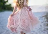 Bloos roze bloem meisje jurken spaghetti ruches handgemaakte bloemen kant tutu vintage kleine babyjurken voor communie boho bruiloft