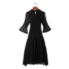 Pleated Yarn Dress For Women Navy Blue Layer Mesh Dresses Large Size Flare Sleeve Femlae Elegant Clothing 2D3925 210526