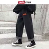 Lappster mens koreanska fashoins harem blå jeans byxor vintage raka byxor hajuku jeans baggy free bälte bred ben denim 211120