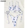 Ingaga Push Up Bikini Swimsers Swimwear Kobiety Wysokie cięcie Biquini String Bow Garnitury kąpielowe Thong Beachwear Ruched Bikini Set 210621