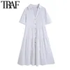 Kvinnor chic mode med paneler vit midi klänning vintage kortärmad knapp-up kvinnliga klänningar vestidos mujer 210507