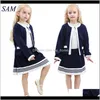 Bébé bébé, maternité Drop Livraison 2021 Automne Mode Filles Vêtements Ensembles Enfants Bleu Marine Veste Courte An + Jupes Rayées 2Pcs Costumes