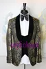 Hoge kwaliteit één knop zwart met gouden patroon bruidegom smoking shawl revers bruiloft / prom / diner groomsmen mannen pakken blazer (jas + broek + vest + tie) w1379