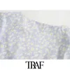 TRAF Kobiety Elegancka Moda Floral Print Ruffled Mini Dress Vintage Krótki Rękaw Regulowane Wiązane Kobiece Suknie Vestidos 210415