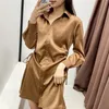 Spring Creased Effect Mini Dress Women Ruched Long Sleeve Dresses Ladies Side Vents Drawstrings Woman 210519