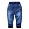 Mudkingdom Kids Jeans Drawstring Pants Autumn Winter Fleece Warm Denim Casual Trousers for Boys Slim Fashion Clothing 211102