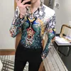 Luxury Peacock Crown Print för män Långärmad Slim Fit Casual Shirt Nattklubb Party Streetwear Camisas Para Hombre 210527