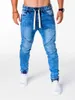 Homens jeans cordão de cintura alta desighner jean calças verão mens motociclista reto jeans lavado calças preta azul 210716