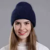 Cntang chapéu de inverno moda chapéus de pele de coelho real para mulheres eslásticos quentes gorros com lantejoulas alta flanging bonés 211229