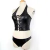 Mulheres Leather Lingerie Set 2 Peça Sexy Bandage Clubwear Stripper Patent Leather Couco Sexy Conjuntos Exóticos 210515