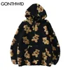 GONTHWID Fleece Hooded Sweatshirts Streetwear Hip Hop Bear Print Half Zipper Pullover Hoodies Harajuku Casual Tops Coats Outwear 211126