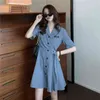 Summer Korean Women's Dress Short-sleeved Suit Collar Dresses Slim Temperament Waist Slimming Fashion Pleated Skirt 210515