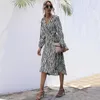 Casual Dresses Lace Up Long Dress Urban V-neck Woman Female Clothing Slim Fit Temperament Fashion Office Lady Wrap Around Zebra Print