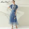 Créateur de mode été élégant bleu maille longues robes femmes papillon manches à pois brodé Vintage robe de soirée 210524