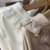Lente Korea Mode Vrouwen Lange Mouw Losse Shirt Kruis Lacking V-hals Witte Blouse 100% Katoen Ruffles Shirts Dames Tops D398 210512