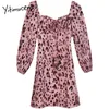 Yitimuceng léopard Floral pinte fronces Mini robes femmes a-ligne à manches longues solide été printemps mode robe douce 210601