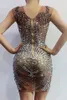 Vestidos Casuais Super Sexo Night Club Gogo Lady Dancewear Nude Ver através de Exotic Brilhante Strass Tanque Mini Vestido Estágio Show Outfits