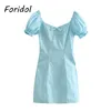 Solid Blue Summer Dress Women Cute Bownot Front Casual Mini Sun Puff Sleeve Sundress Clothing 210427