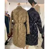 Long Winter Coat Rhombus Pattern Casual Sashes Women Parkas Pockets Tailored Collar Puffer Jacket Cotton-padded Outwear 211204