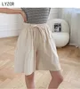 Summer Cotton Line Shorts With High Waist Loose Wide Leg Shorts For Women Knee Length Straight Cotton Short Female Plus Size 3XL 210611