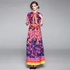 Herbst Frauen Maxi Kleid Blumendruck Regenbogen Gestreiftes Chiffon Plus Größe Boho Stil Vestidos Elegante Fliege Kragen Langes Kleid 210514