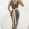 High Quality Korean Houndstooth Sweater Suits Fashion Vintage Long Knitted Cardigan Coat + Vest Dress Female 2 Piece Set 210514