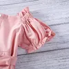 女の子のドレス幼児の女の子スウィートドレスピンクのソリッドパフスリーブミッドレングスファッションボウベルトプリーツボートネック首包装プリンセスガールズ