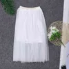 80CM Donna Vita alta Tre strati Maglia trasparente pieghettata Tulle Midi Gonna lunga tutù Dolce Solido color caramella Drappeggio Swing Abito ampio G220309