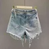 Kvinnliga denim shorts sommar slitage hög midja bantning tung pärlstav paljett fransade rippade breda ben byxor byxor byxor 210715